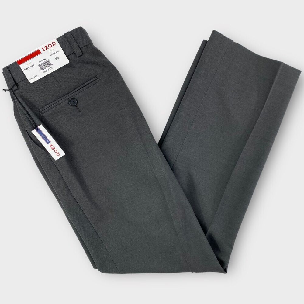 $60 IZOD Pants Mens 34x32 Charcoal Pinpoint Textured Regular Fit Flat Trousers